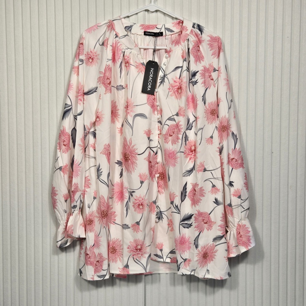Noracora‎ Pink Floral Print Button Front Blouse Pearl Buttons Ruffle Cuff Medium